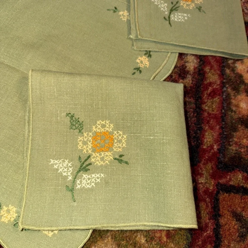 Lot 8 Vintage Hand stitched Embroidered Linens  Green Linen Floral Cottagecore